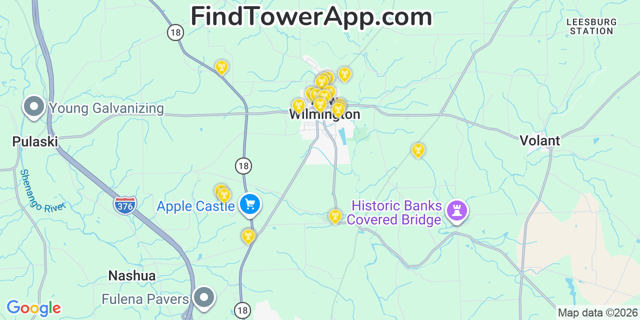 Map showing the 20 primary cell tower locations detected in New Wilmington, Pennsylvania from AT&T, Verizon, and T-Mobile networks