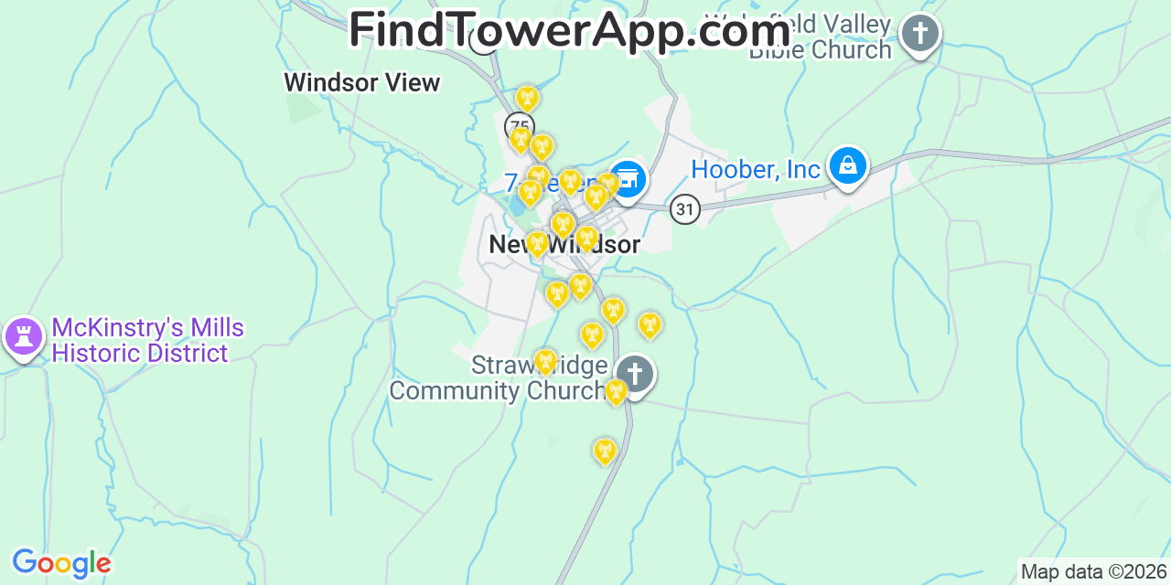 Map showing the 20 primary cell tower locations detected in New Windsor, Maryland from AT&T, Verizon, and T-Mobile networks