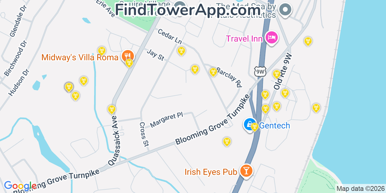 Map showing the 20 primary cell tower locations detected in New Windsor, New York from AT&T, Verizon, and T-Mobile networks