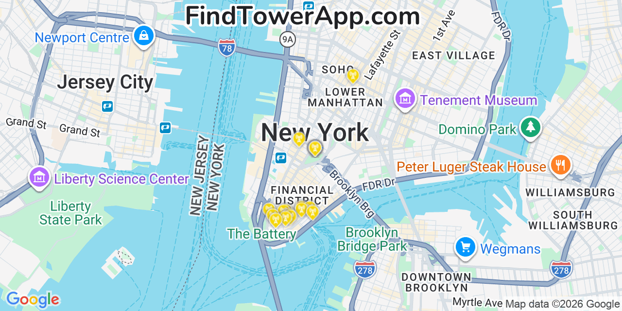 Map showing the 20 primary cell tower locations detected in New York City, New York from AT&T, Verizon, and T-Mobile networks