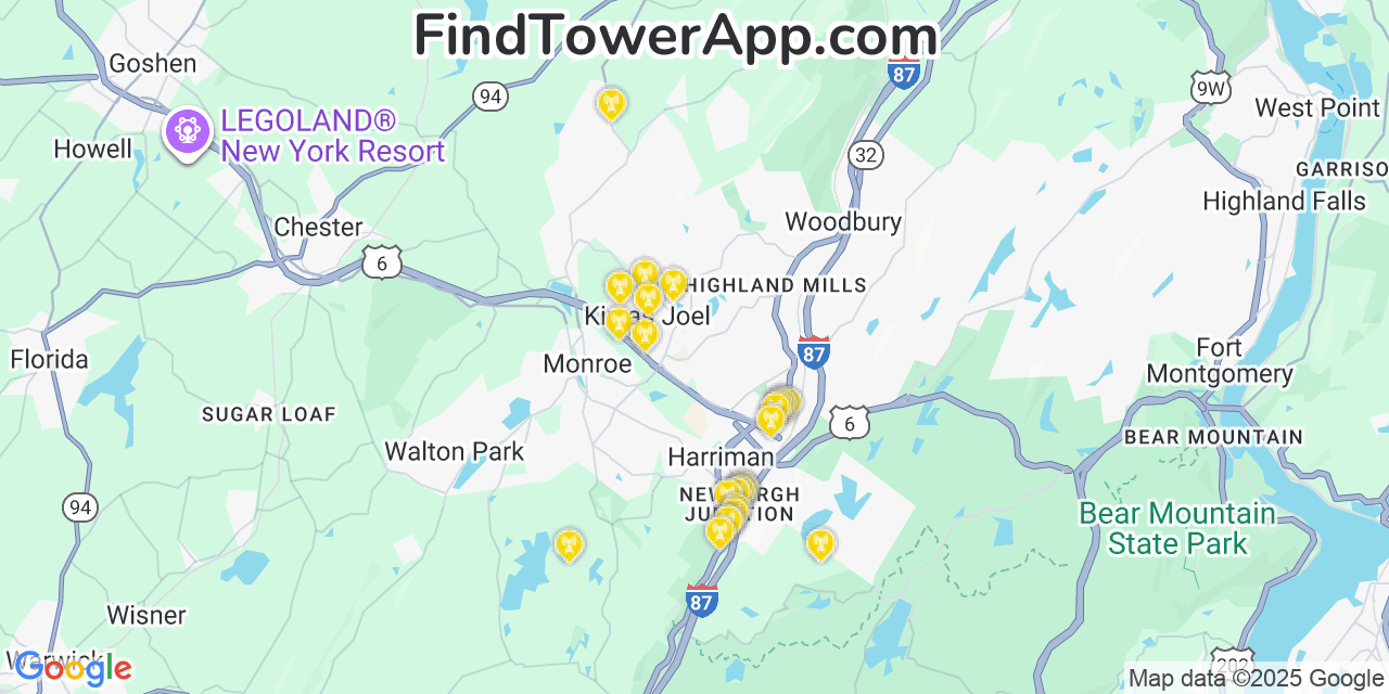 Map showing the 26 primary AT&T cell tower locations detected in New York, Kiryas Joel with coverage radius and signal strength indicators