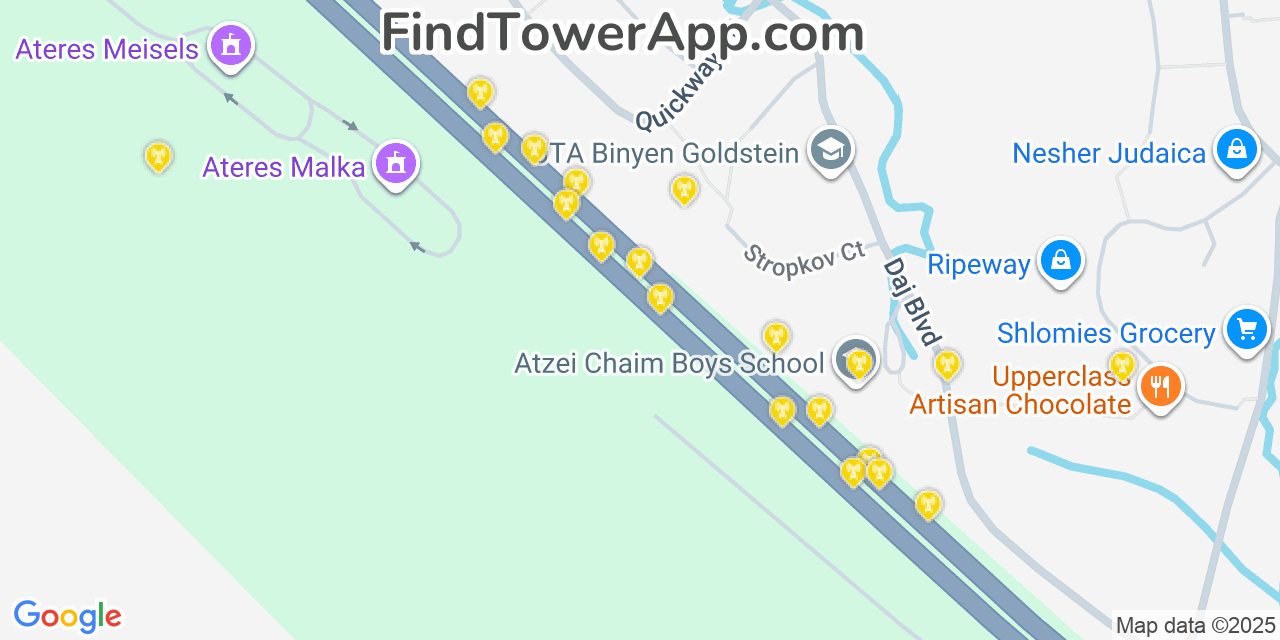 Map showing the 20 primary cell tower locations detected in New York, Kiryas Joel from AT&T, Verizon, and T-Mobile networks