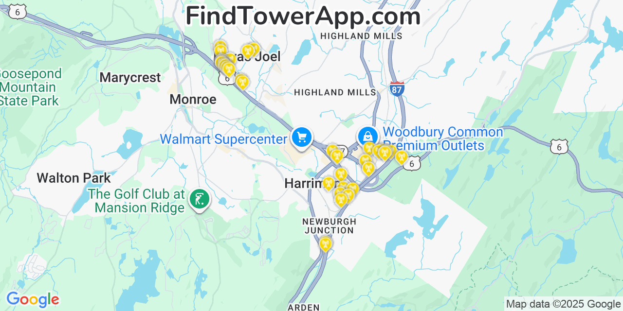 Map showing the 35 primary T-Mobile cell tower locations detected in New York, Kiryasjoel with coverage radius and signal strength indicators