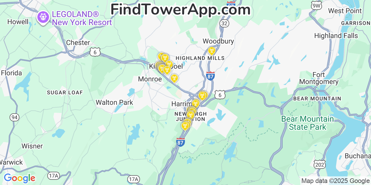 Map showing the 33 primary Verizon cell tower locations detected in New York, Kiryasjoel with coverage radius and signal strength indicators