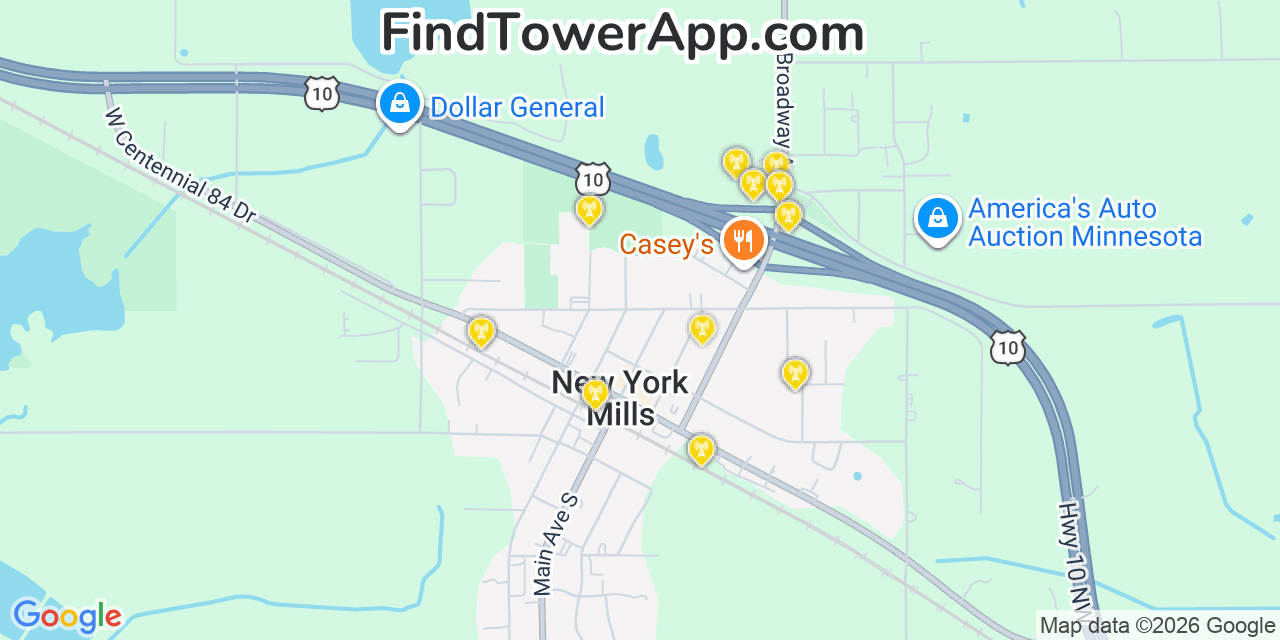 Map showing the 20 primary cell tower locations detected in New York Mills, Minnesota from AT&T, Verizon, and T-Mobile networks