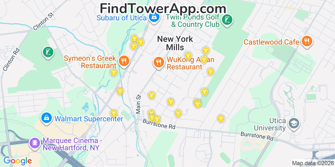 Map showing the 20 primary cell tower locations detected in New York Mills, New York from AT&T, Verizon, and T-Mobile networks
