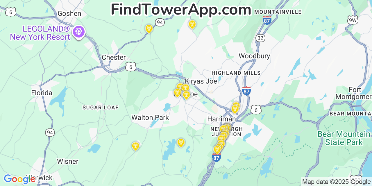 Map showing the 24 primary AT&T cell tower locations detected in New York, Monroe with coverage radius and signal strength indicators