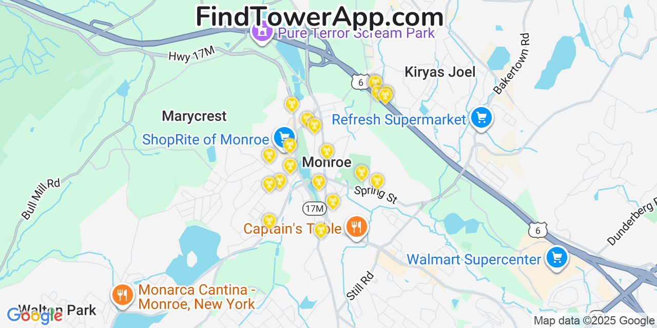 Map showing the 20 primary cell tower locations detected in New York, Monroe from AT&T, Verizon, and T-Mobile networks