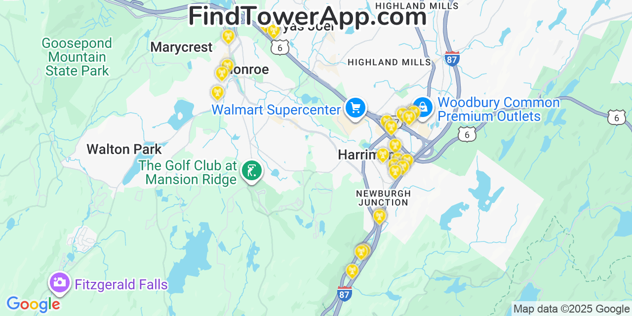 Map showing the 26 primary T-Mobile cell tower locations detected in New York, Monroe with coverage radius and signal strength indicators