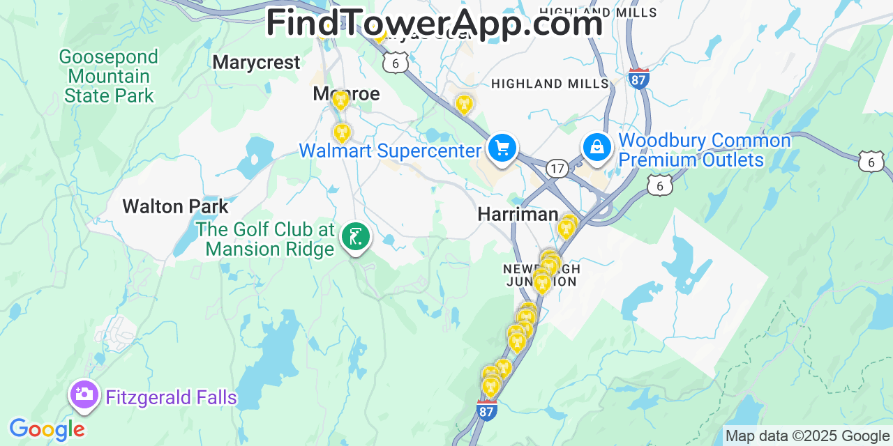 Map showing the 24 primary Verizon cell tower locations detected in New York, Monroe with coverage radius and signal strength indicators
