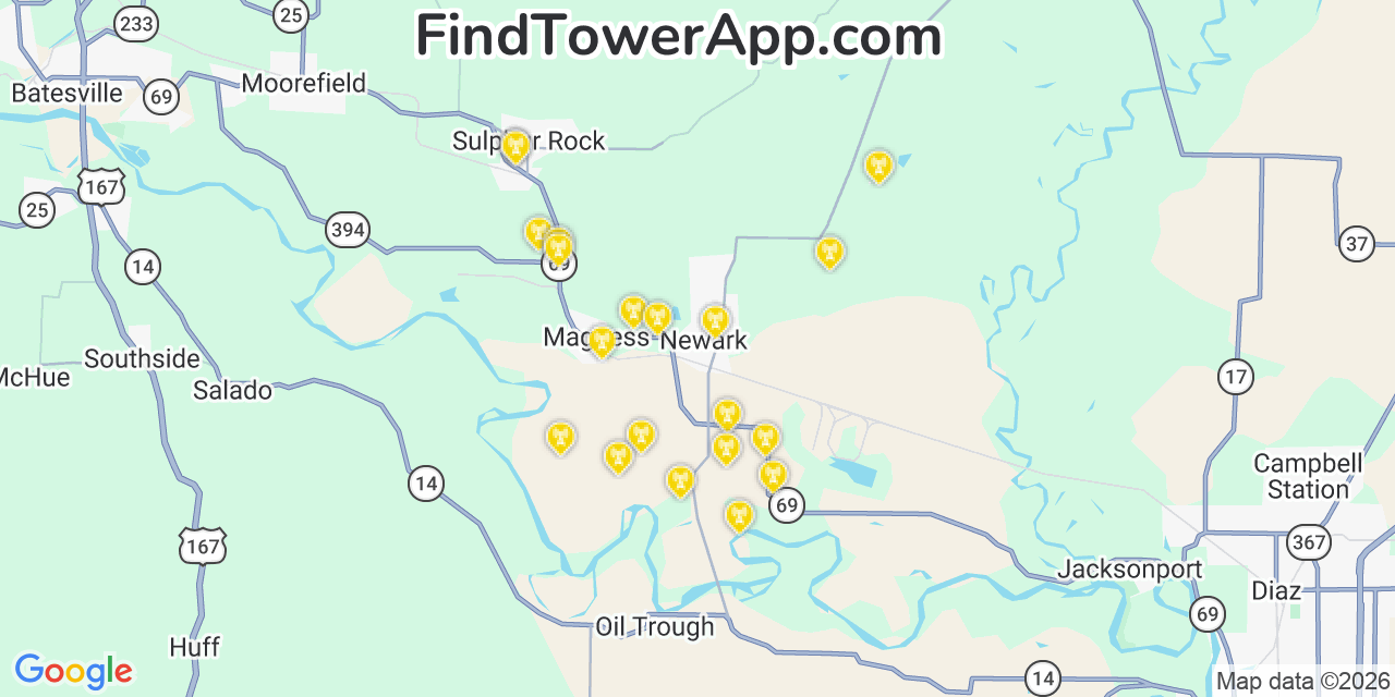 Map showing the 20 primary cell tower locations detected in Newark, Arkansas from AT&T, Verizon, and T-Mobile networks