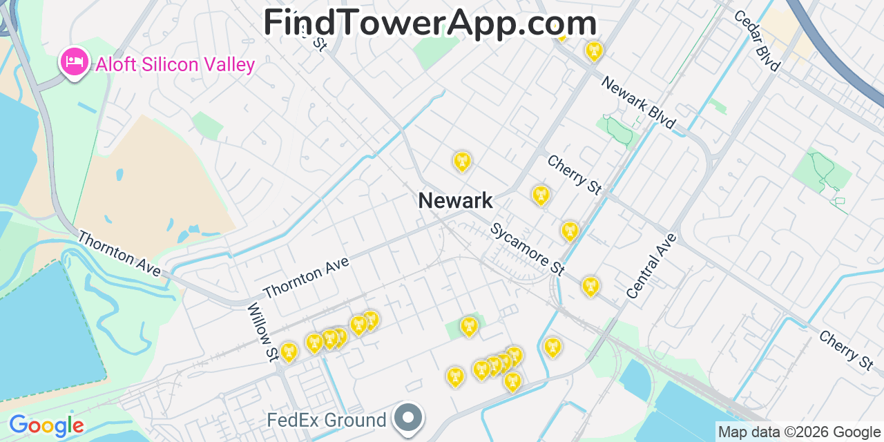 Map showing the 20 primary cell tower locations detected in Newark, California from AT&T, Verizon, and T-Mobile networks