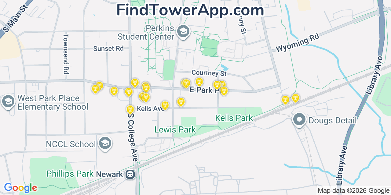 Map showing the 20 primary cell tower locations detected in Newark, Delaware from AT&T, Verizon, and T-Mobile networks