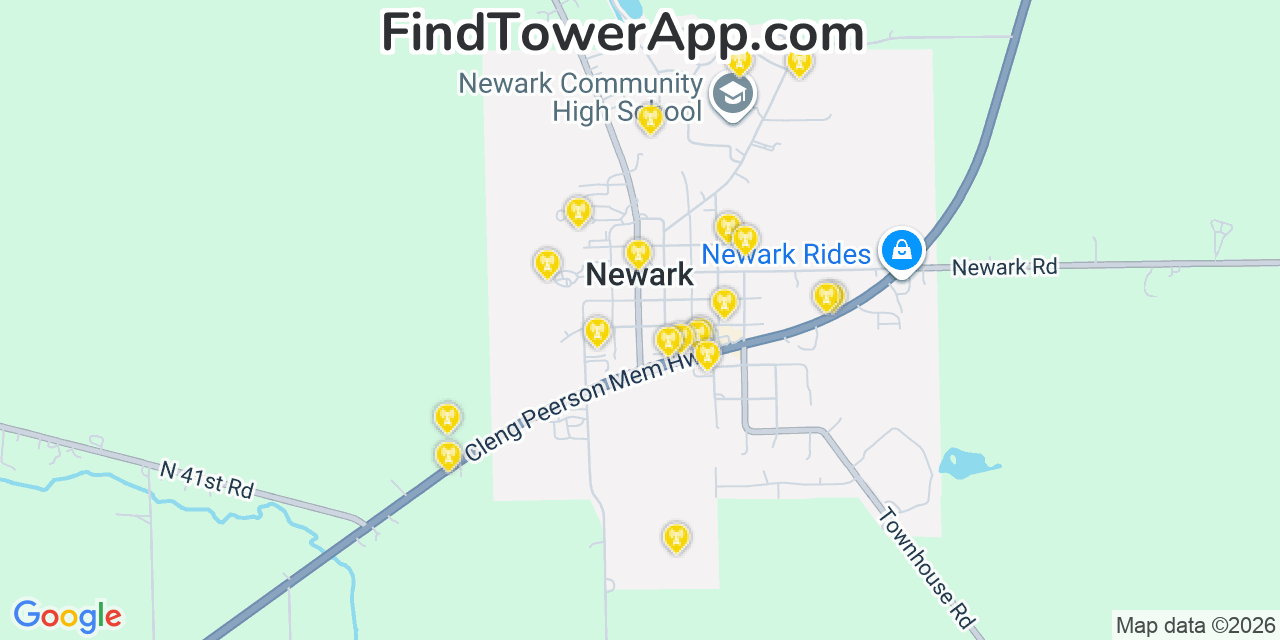Map showing the 20 primary cell tower locations detected in Newark, Illinois from AT&T, Verizon, and T-Mobile networks