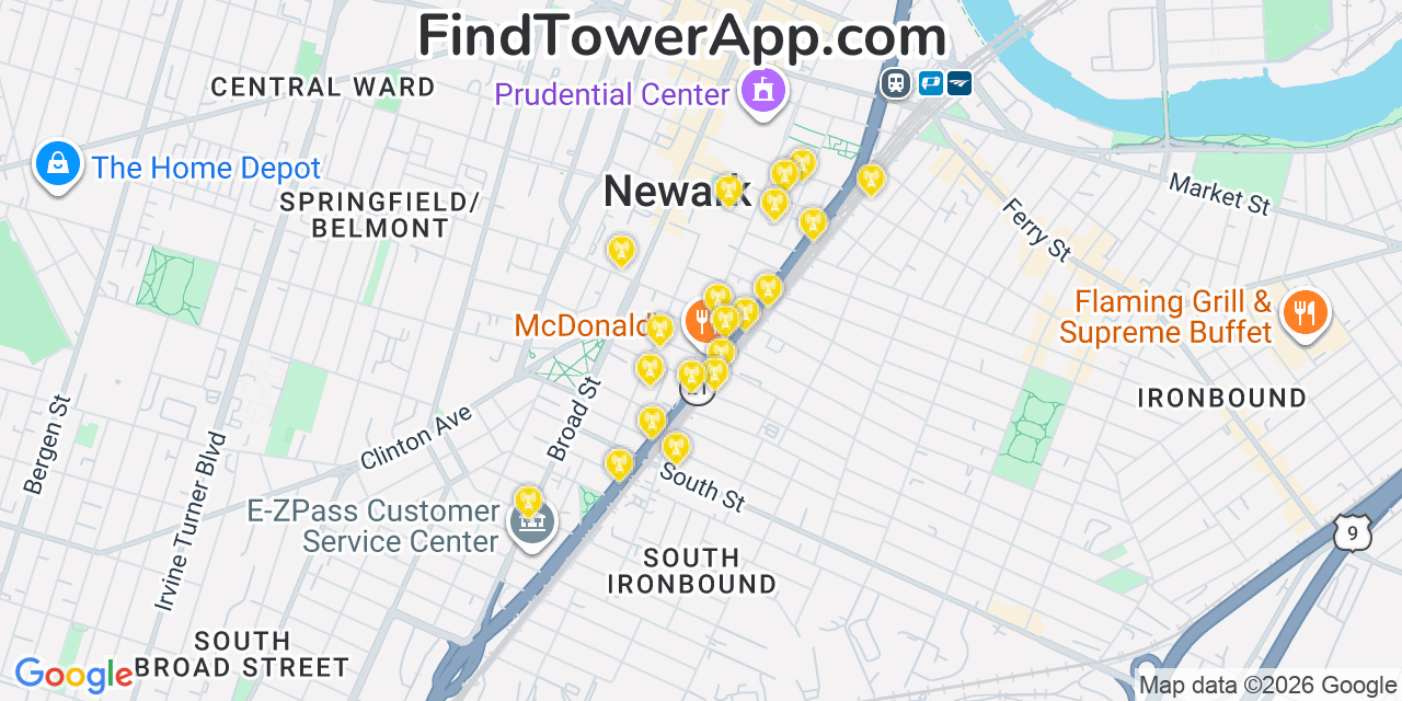 Map showing the 20 primary cell tower locations detected in Newark, New Jersey from AT&T, Verizon, and T-Mobile networks