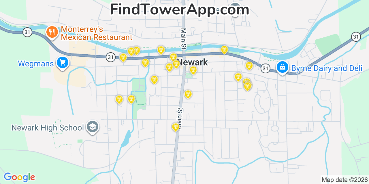 Map showing the 20 primary cell tower locations detected in Newark, New York from AT&T, Verizon, and T-Mobile networks