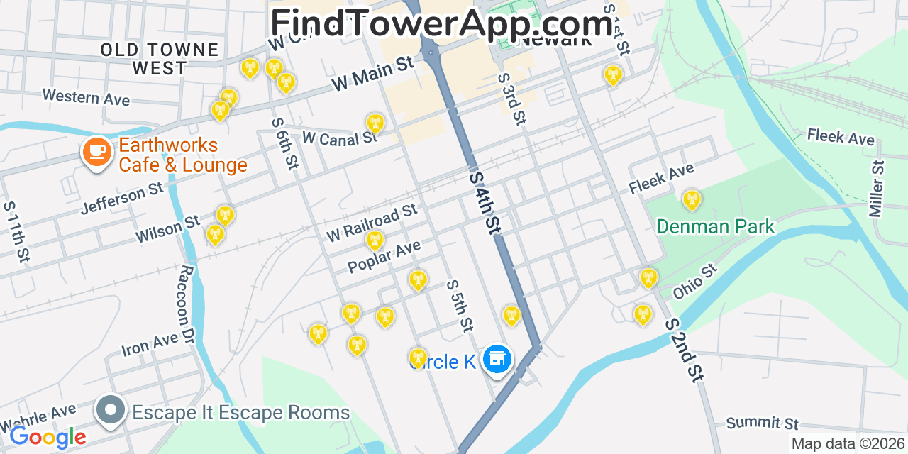 Map showing the 20 primary cell tower locations detected in Newark, Ohio from AT&T, Verizon, and T-Mobile networks