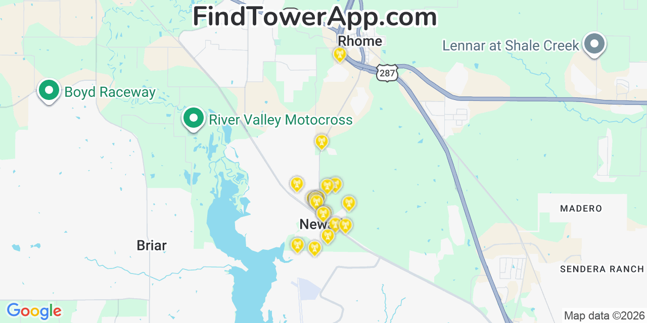 Map showing the 20 primary cell tower locations detected in Newark, Texas from AT&T, Verizon, and T-Mobile networks