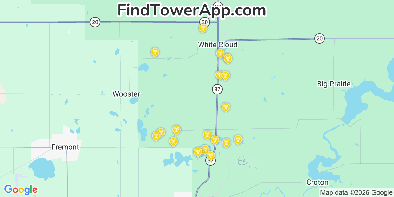 Map showing the 20 primary cell tower locations detected in Newaygo, Michigan from AT&T, Verizon, and T-Mobile networks