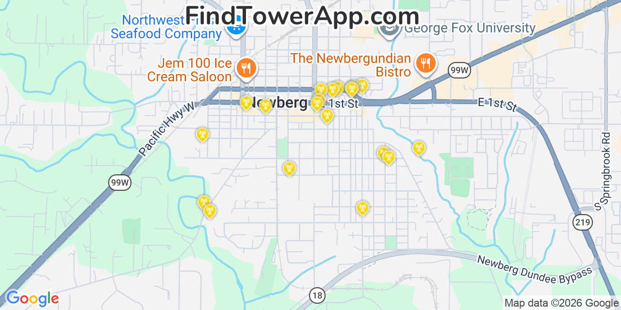 Map showing the 20 primary cell tower locations detected in Newberg, Oregon from AT&T, Verizon, and T-Mobile networks