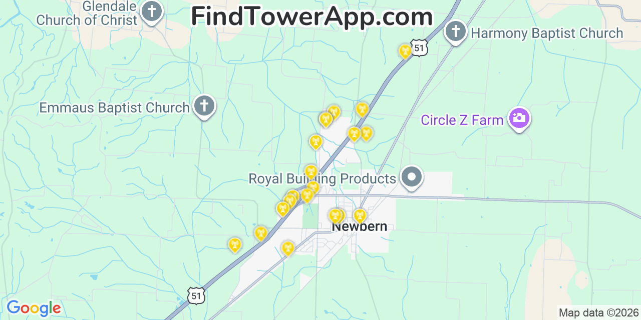 Map showing the 20 primary cell tower locations detected in Newbern, Tennessee from AT&T, Verizon, and T-Mobile networks