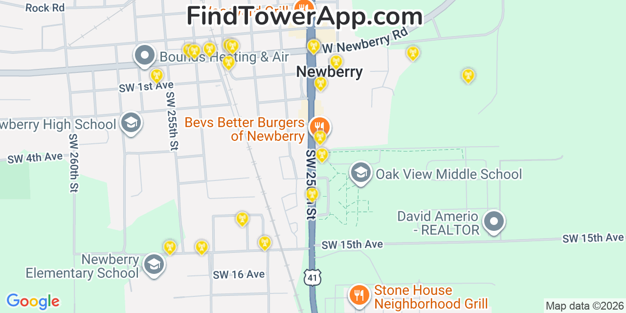 Map showing the 20 primary cell tower locations detected in Newberry, Florida from AT&T, Verizon, and T-Mobile networks