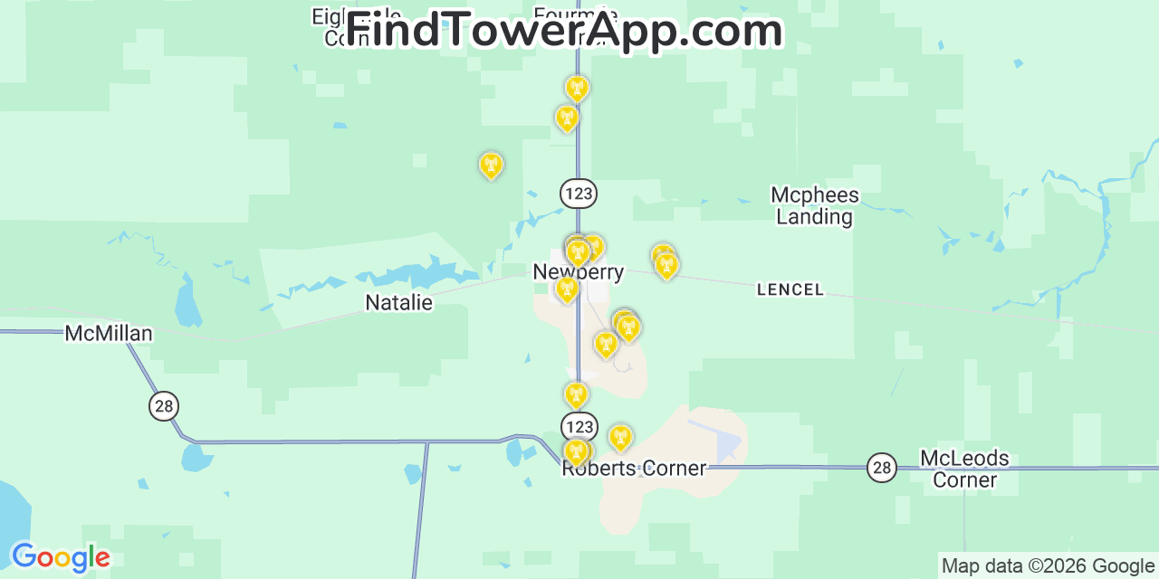 Map showing the 20 primary cell tower locations detected in Newberry, Michigan from AT&T, Verizon, and T-Mobile networks