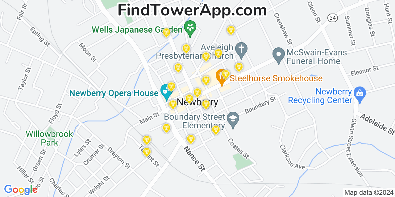 AT&T 4G/5G cell tower coverage map Newberry, South Carolina