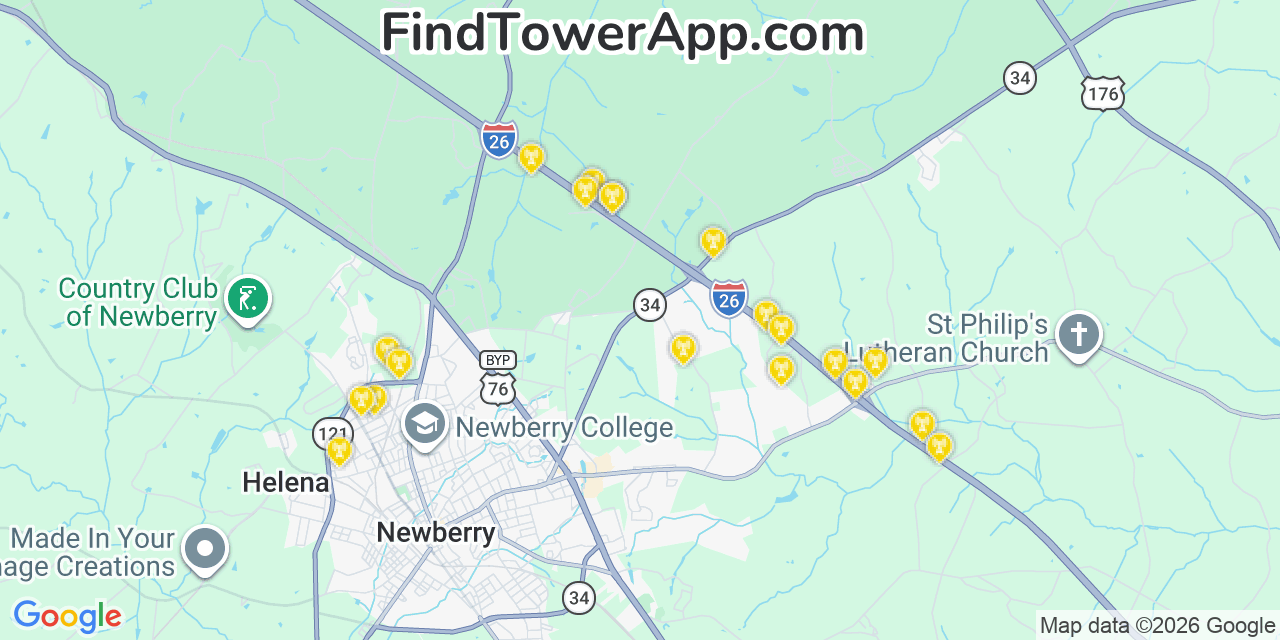 Map showing the 20 primary cell tower locations detected in Newberry, South Carolina from AT&T, Verizon, and T-Mobile networks
