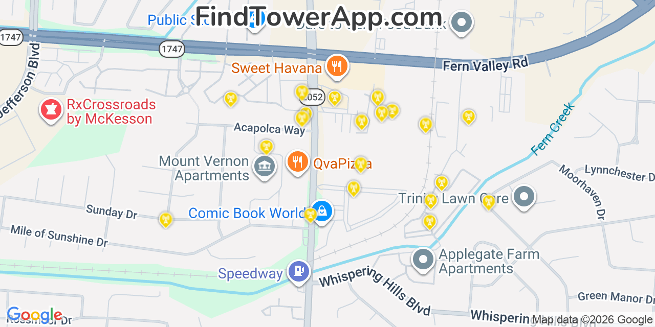 Map showing the 20 primary cell tower locations detected in Newburg, Kentucky from AT&T, Verizon, and T-Mobile networks