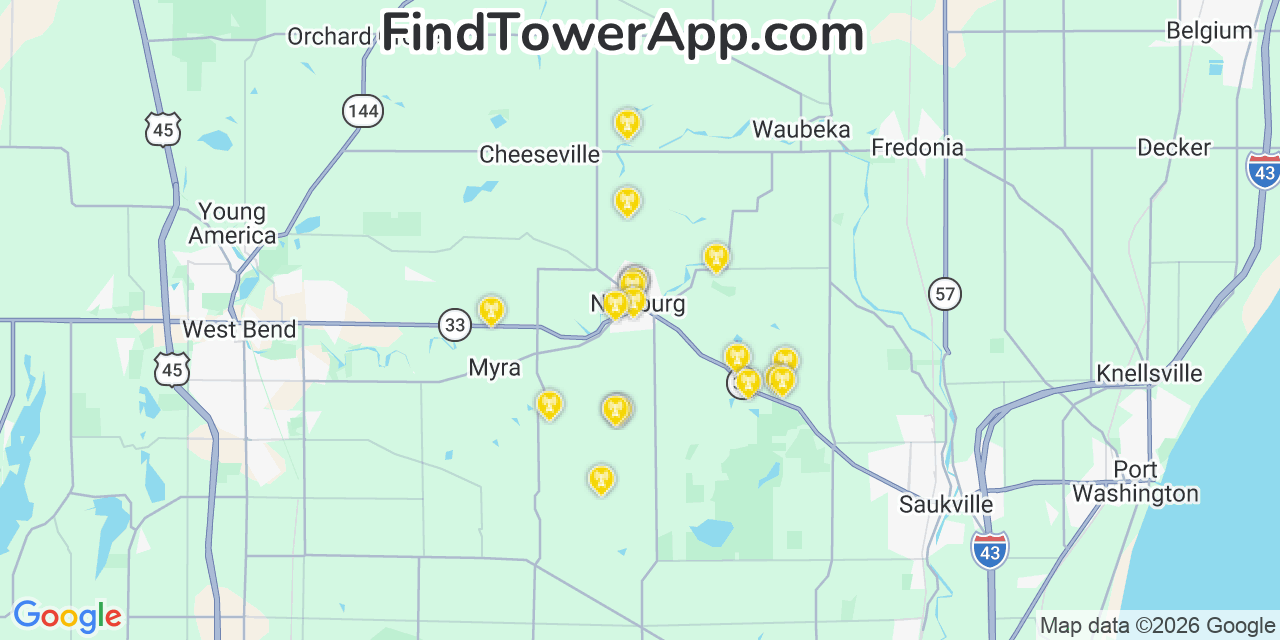 Map showing the 20 primary cell tower locations detected in Newburg, Wisconsin from AT&T, Verizon, and T-Mobile networks