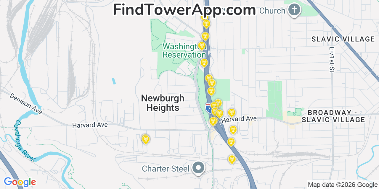 Map showing the 20 primary cell tower locations detected in Newburgh Heights, Ohio from AT&T, Verizon, and T-Mobile networks