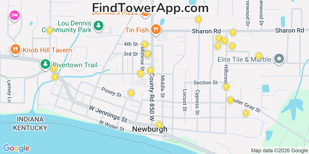 Map showing the 20 primary cell tower locations detected in Newburgh, Indiana from AT&T, Verizon, and T-Mobile networks