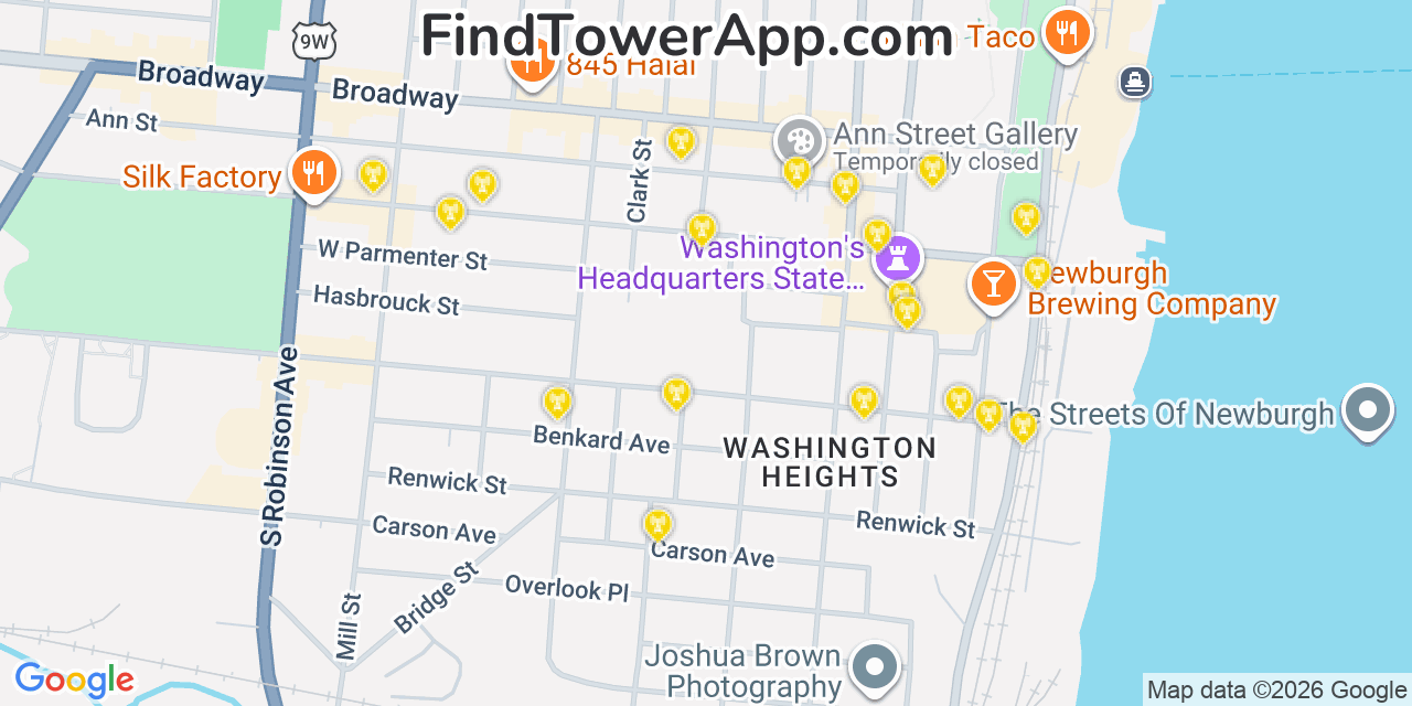 Map showing the 20 primary cell tower locations detected in Newburgh, New York from AT&T, Verizon, and T-Mobile networks