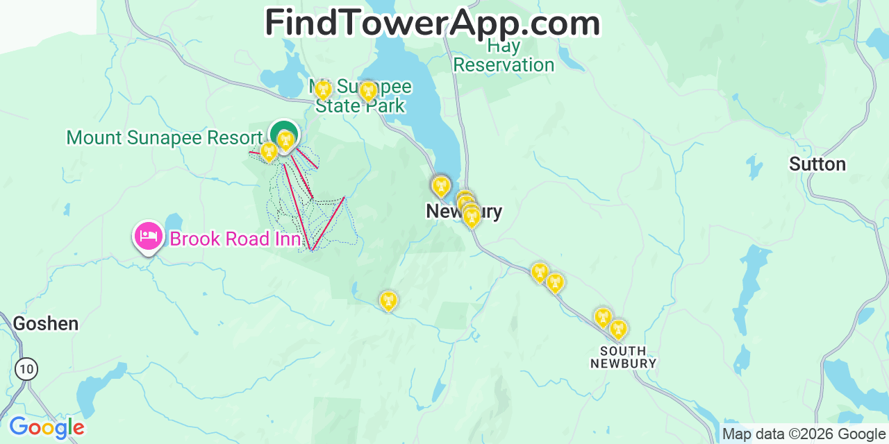 Map showing the 20 primary cell tower locations detected in Newbury, New Hampshire from AT&T, Verizon, and T-Mobile networks