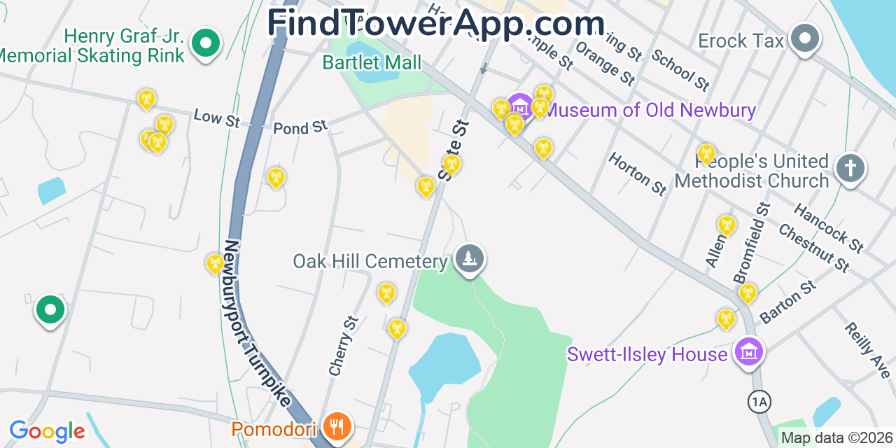 Map showing the 20 primary cell tower locations detected in Newburyport, Massachusetts from AT&T, Verizon, and T-Mobile networks
