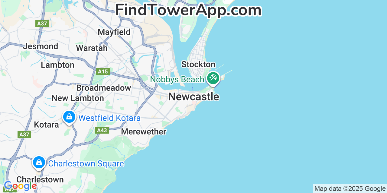Map showing the 0 primary MessageBird cell tower locations detected in Newcastle, Australia with coverage radius and signal strength indicators