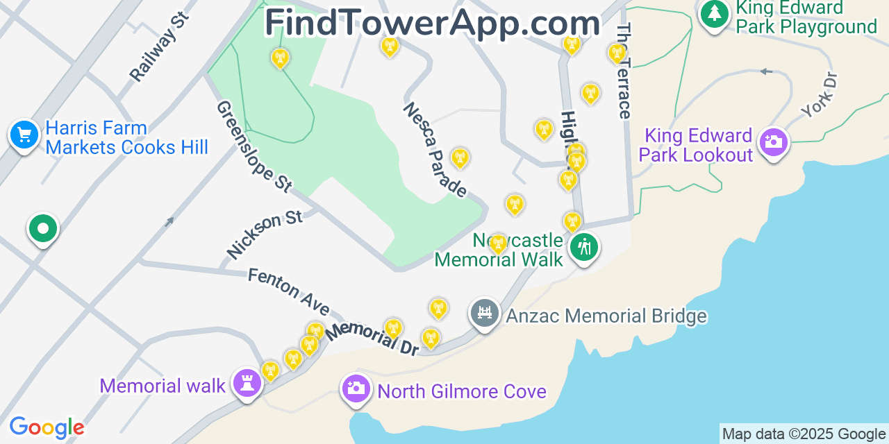 Map showing the 20 primary cell tower locations detected in Newcastle, Australia with coverage areas and signal strength
