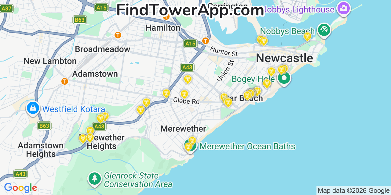 Map showing the 30 primary Pilbara Iron cell tower locations in Newcastle, Australia