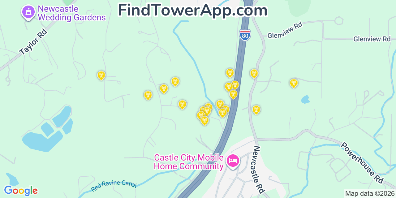 Map showing the 20 primary cell tower locations detected in Newcastle, California from AT&T, Verizon, and T-Mobile networks
