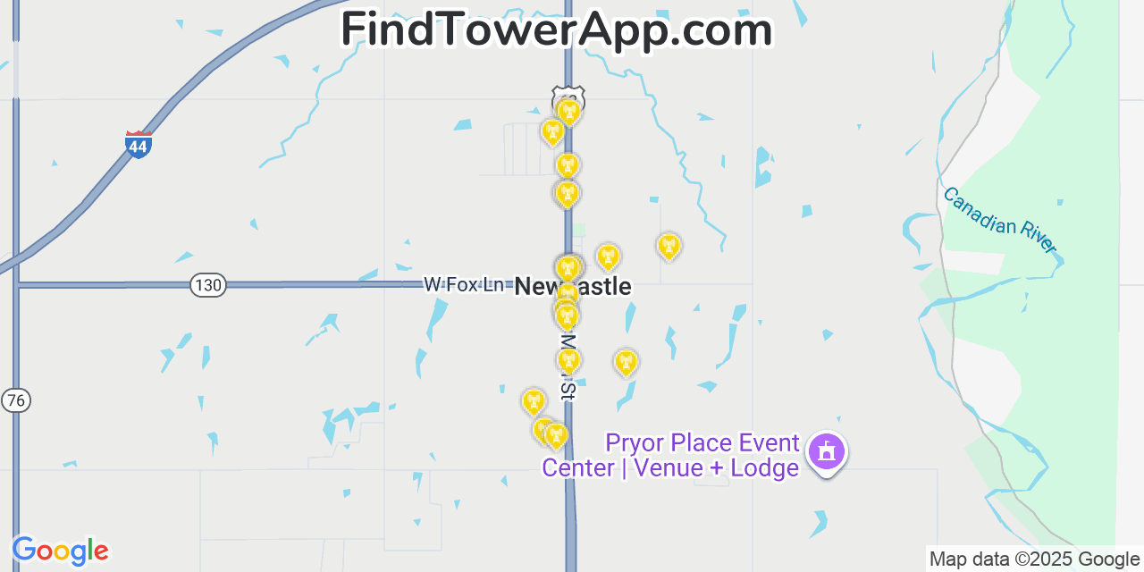 Map showing the 20 primary cell tower locations detected in Newcastle, Oklahoma from AT&T, Verizon, and T-Mobile networks