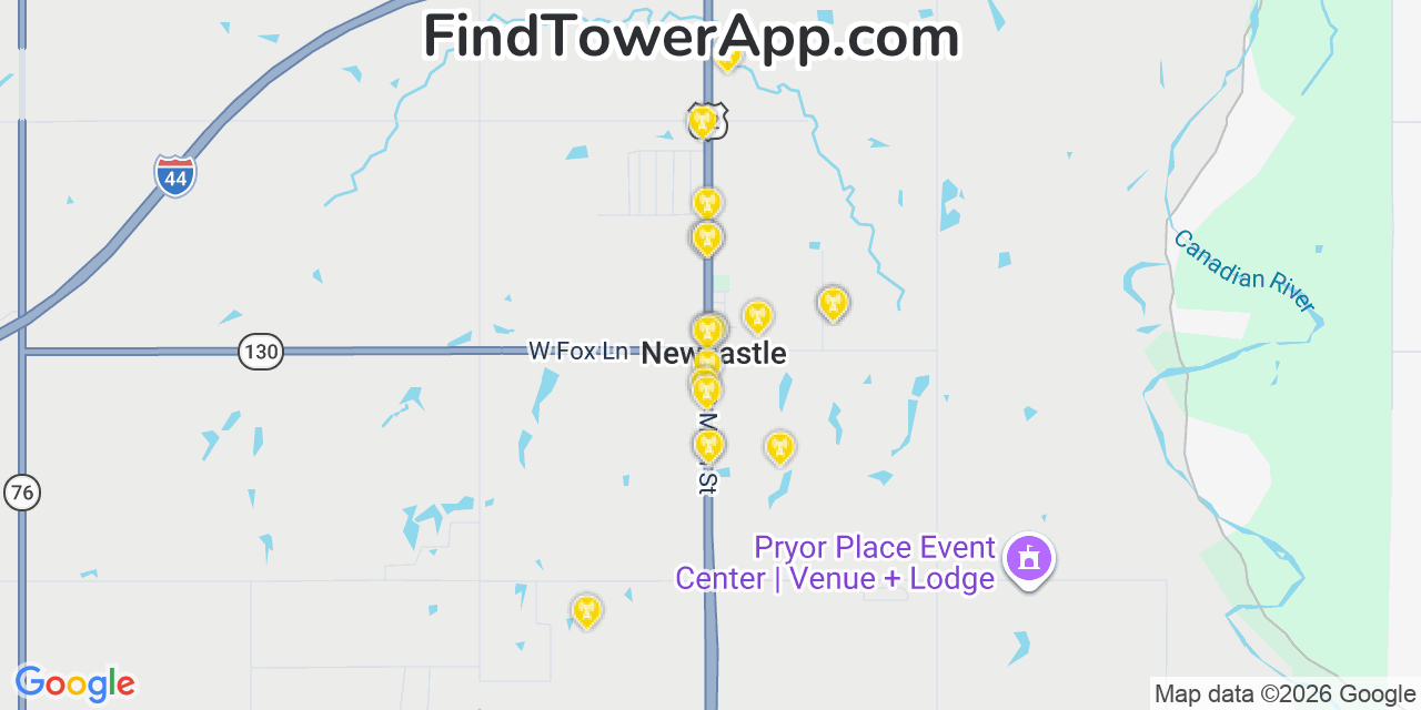 Map showing the 20 primary cell tower locations detected in Newcastle, Oklahoma from AT&T, Verizon, and T-Mobile networks