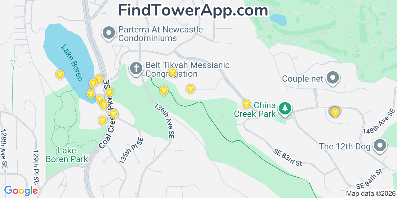 Map showing the 20 primary cell tower locations detected in Newcastle, Washington from AT&T, Verizon, and T-Mobile networks