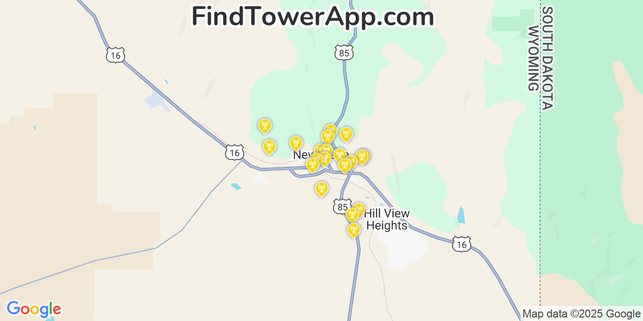 Map showing the 20 primary cell tower locations detected in Newcastle, Wyoming from AT&T, Verizon, and T-Mobile networks