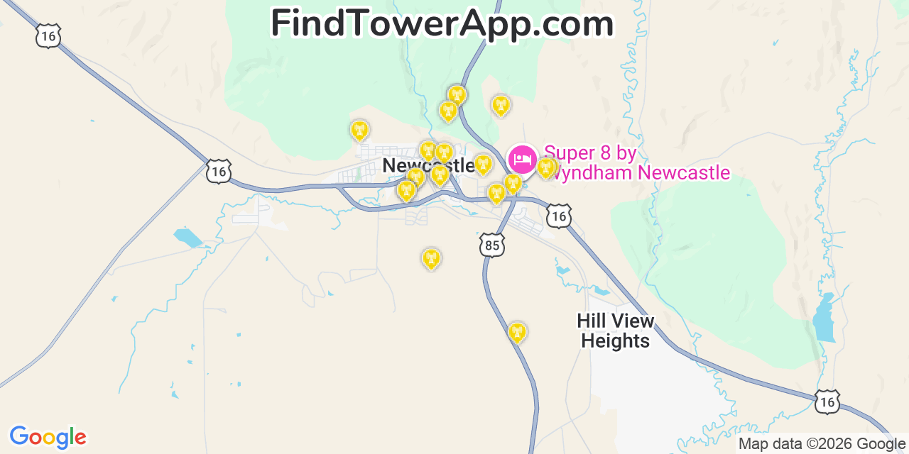 Map showing the 20 primary cell tower locations detected in Newcastle, Wyoming from AT&T, Verizon, and T-Mobile networks