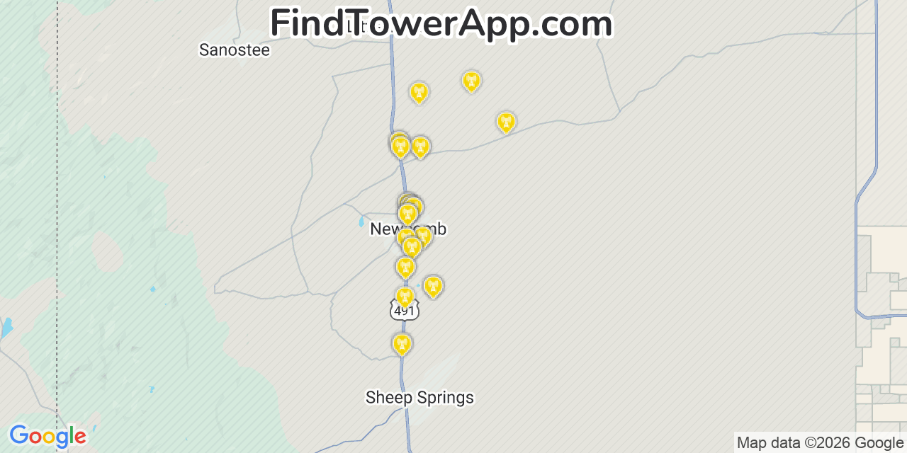 Map showing the 32 primary AT&T cell tower locations detected in Newcomb, New Mexico with coverage radius and signal strength indicators