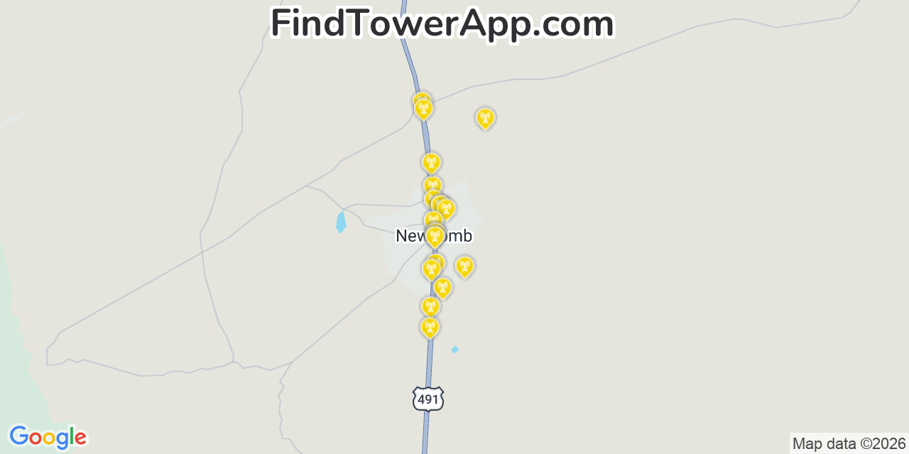 Map showing the 20 primary cell tower locations detected in Newcomb, New Mexico from AT&T, Verizon, and T-Mobile networks