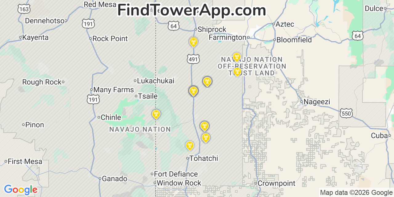 Map showing the 27 primary T-Mobile cell tower locations detected in Newcomb, New Mexico with coverage radius and signal strength indicators
