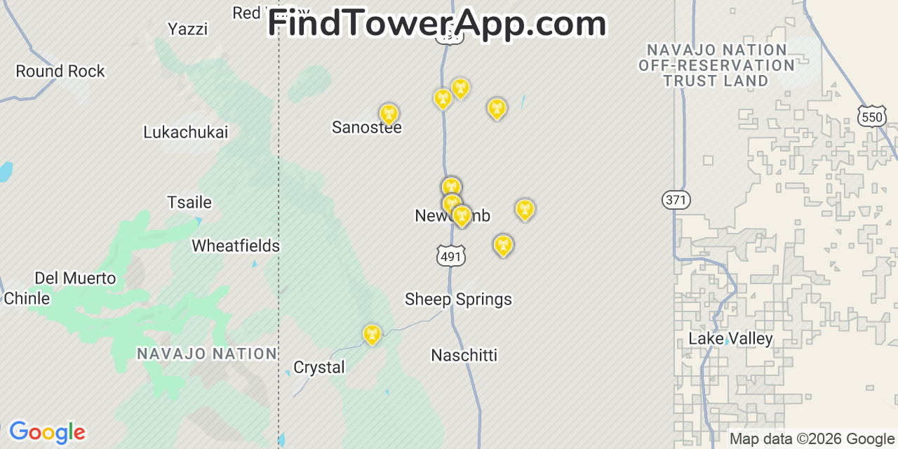 Map showing the 25 primary Verizon cell tower locations detected in Newcomb, New Mexico with coverage radius and signal strength indicators