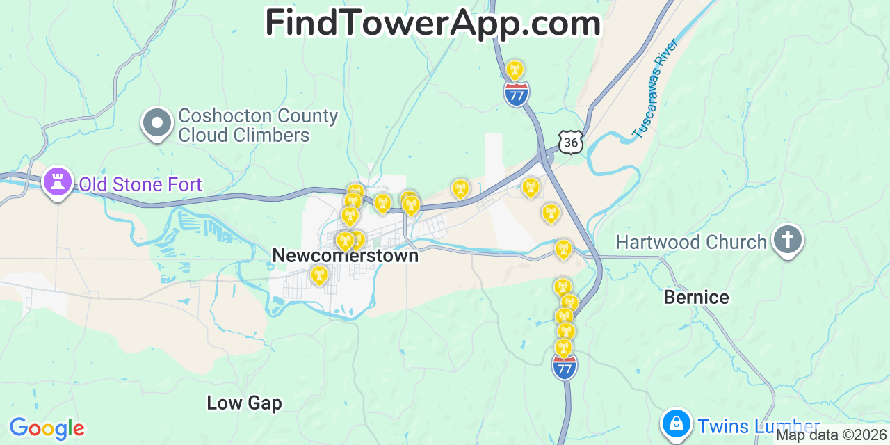 Map showing the 20 primary cell tower locations detected in Newcomerstown, Ohio from AT&T, Verizon, and T-Mobile networks